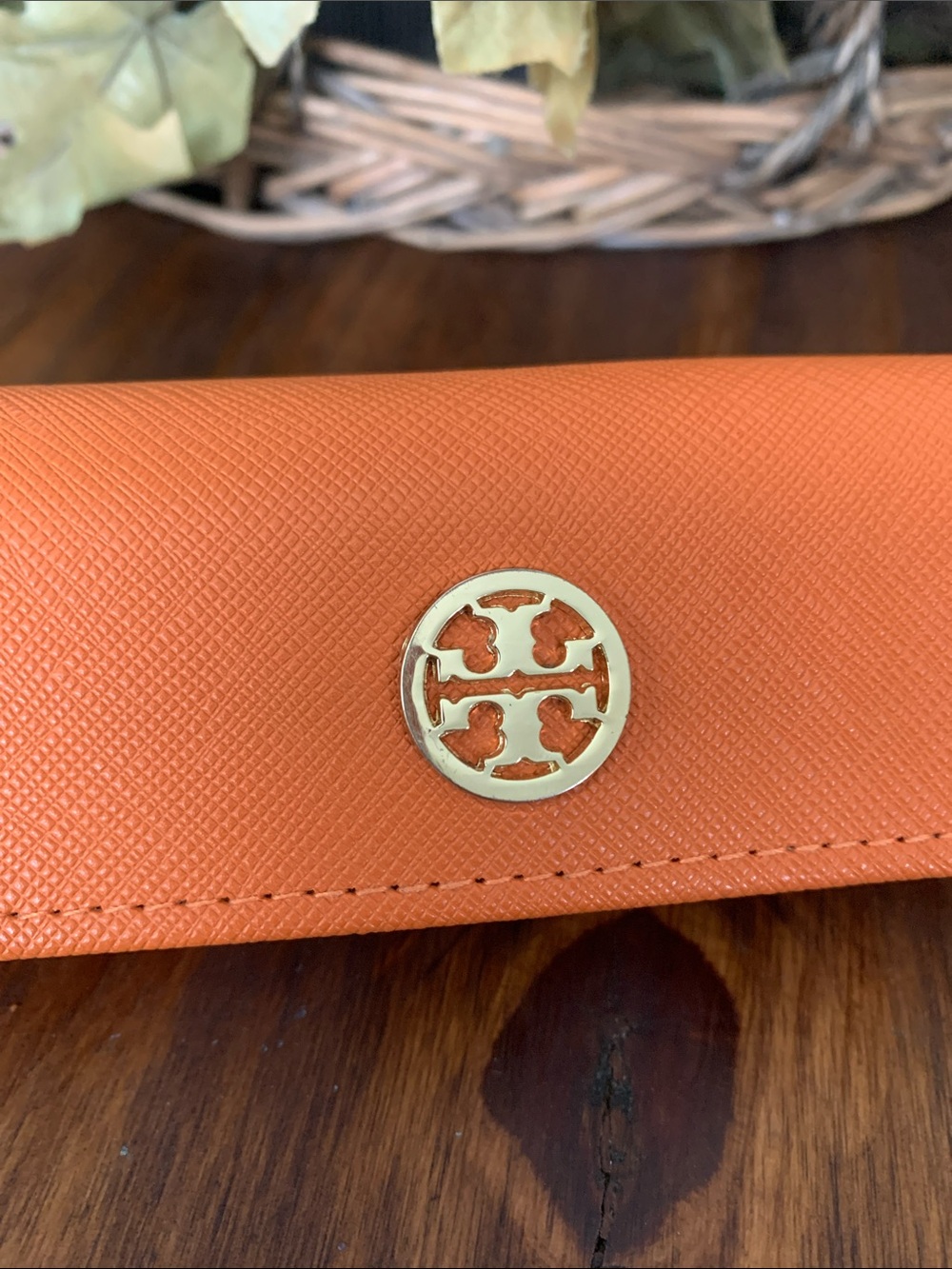 Tory Burch Orange Eyewear Case with Gold Logo Includes Cleaning Cloth